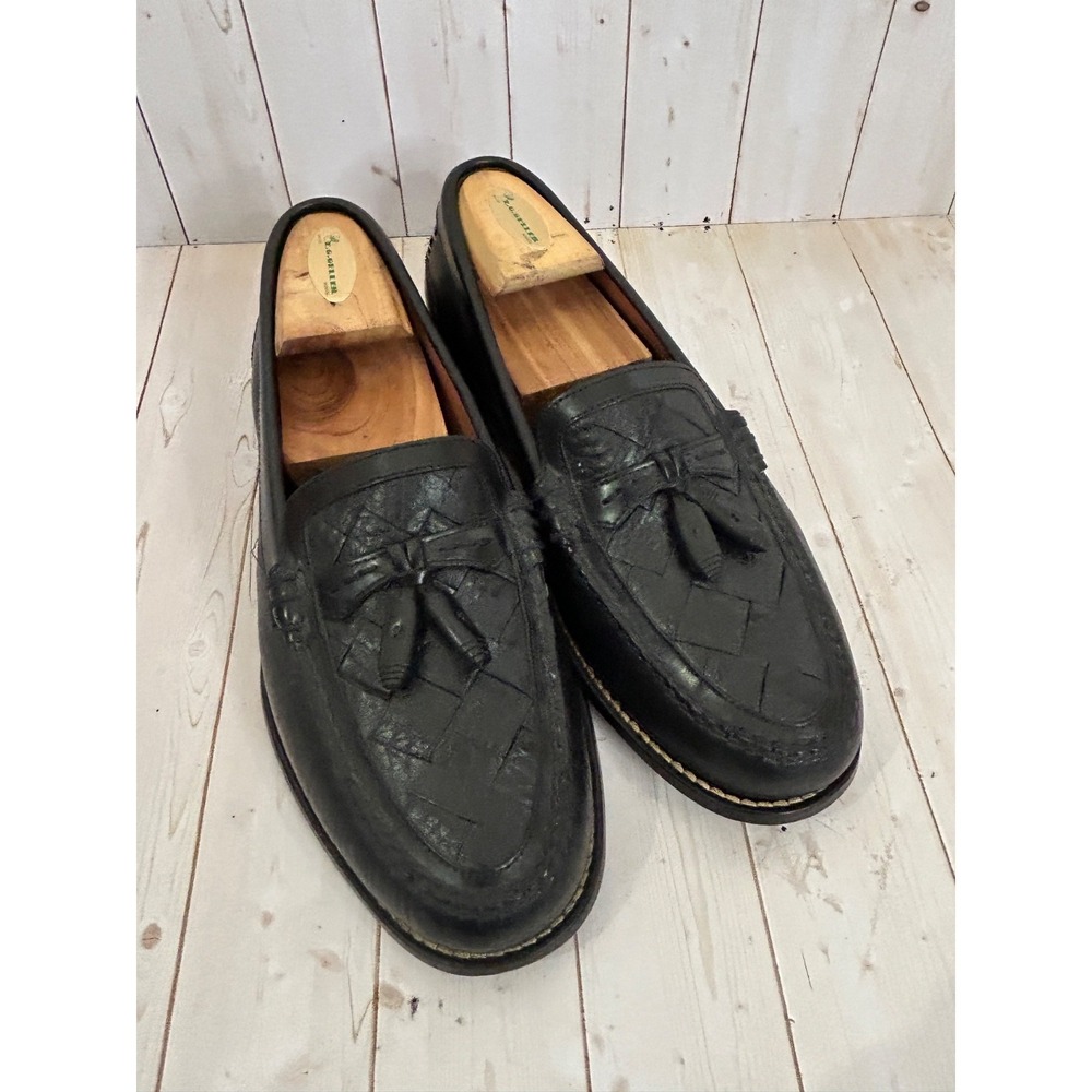 H.S. TRASK Men's Black Leather Basket Weave Tassel Loafer Slip On Size 9.5 M